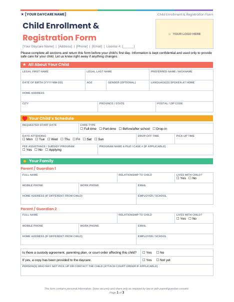 Sample page: Playful daycare enrollment form